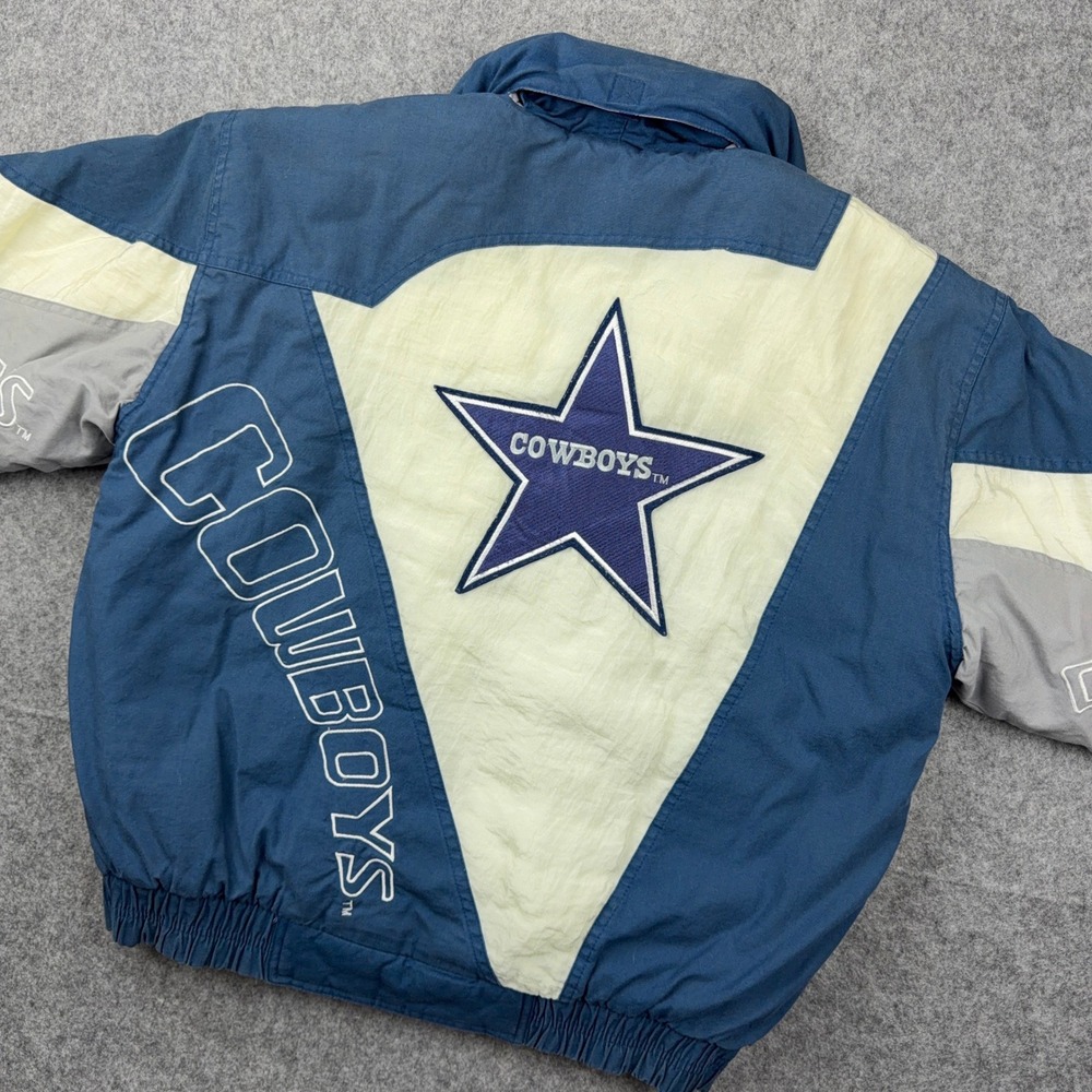 VTG Dallas Cowboys Jacket Mens Large Blue Triple FAT Goose Puffer Hooded 90s NFL